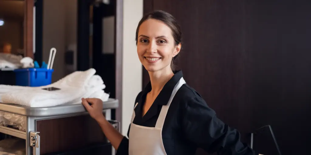 Eine lächelnde Frau in Arbeitskleidung steht neben einem Reinigungswagen mit Handtüchern.